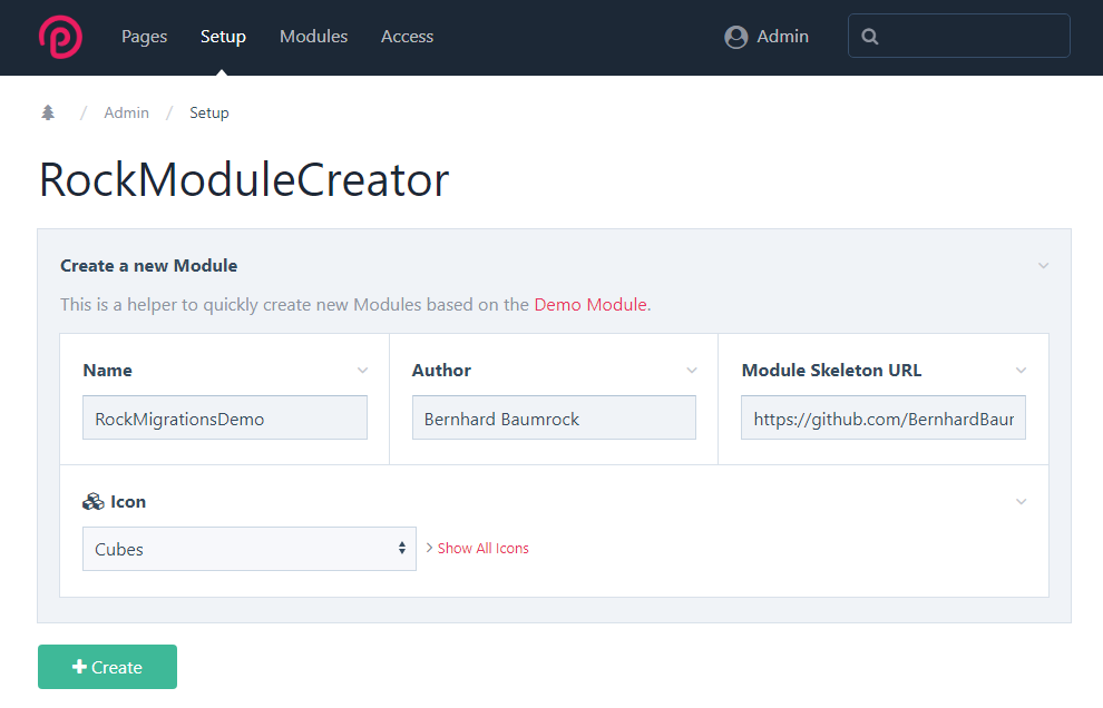 Screen capture of the RockModuleCreator interface with text fields for name, author, and module skeleton URL, and an icon picker field for module icon.